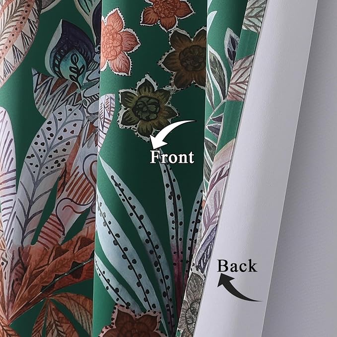 Estelar Textiler Green Printed Blackout Curtains 90 inches Long Living Room,Boho Bedroom Curtains Grommet Thermal Insulated Room Darkening Leaves and Petals Pattern Drapes,52x90 Inch,2 Panels