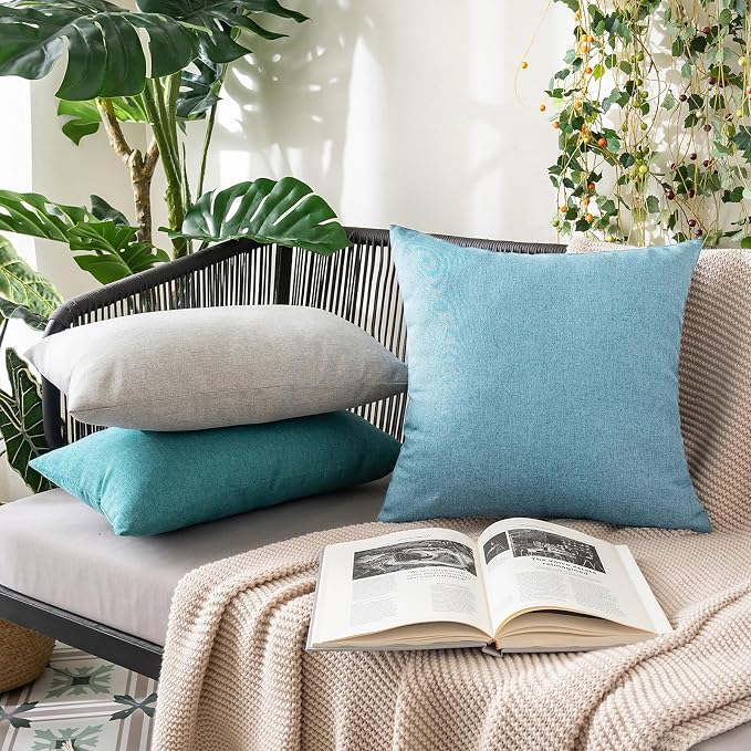 MIULEE Pack of 2 Decorative Outdoor Solid Waterproof Throw Pillow Covers Faux Linen Garden Farmhouse Coastal Cushion Cases for Summer Patio Tent Balcony Couch Sofa 18x18 Inch Blue Gray