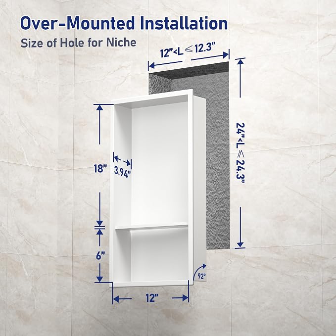 Stainless Steel Shower Niche White 24" X 12" No Tile Needed Wall Niche Double Shelves Recessed Shower Shelf for Bathroom