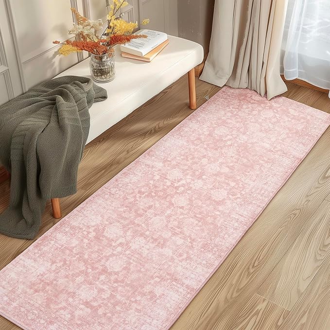 FROZZUR 2x6 Boho Pink Runner Rug Vintage Farmhouse Hallway Entryway Rugs for Kitchen Bedroom Non Slip, Washable Boho Carpet for Home Decor