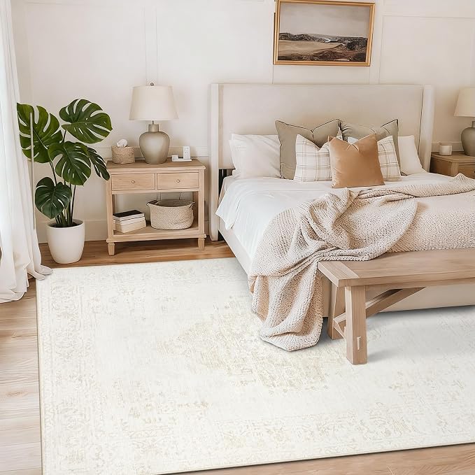 Washable Rugs 5x7 Living Room Rug: Vintage Neutral Area Rugs Soft Non-Slip Indoor Low Pile Carpet for Bedroom Dining Room Nursery Office (Beige, 5' x 7')
