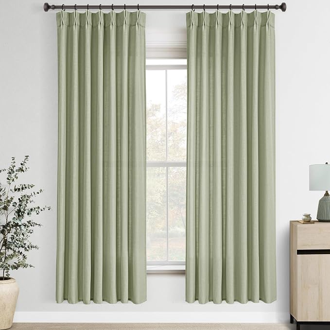 Sage Green Pinch Pleated Linen Curtains 72 Inch Length 2 Panels for Living Room Bedroom Textured Semi Sheer Drapes Pinch Pleat Rings Window Curtain 40x72