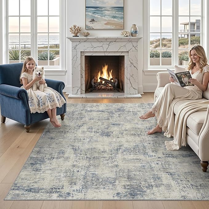 DEXI Washable Area Rug for Living Room 5x8, Modern Abstract Soft Indoor Large Rugs, Stain Resistant Low Pile Carpet with Non Slip Backing for Dining Bedroom Office, Blue