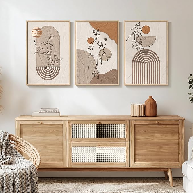 Framed Earth Tone Boho Abstract Wall Art Bedroom, 3 Piece Neutral Modern Bohemian Paintings Prints Canvas Artwork for Walls, Boho Triptych Pictures for Living Room Home Office Wall Decor, 16x24 Inch