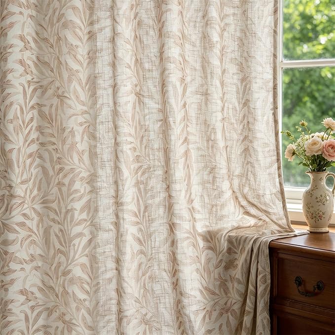 RoomTalks Boho Farmhouse Window Curtains 84 Inches Length 2 Panels Faux Linen Light Filtering, Cottagecore Rustic Country Vintage Cute Botanical Floral Curtain Panels for Bedroom Dining Living Room