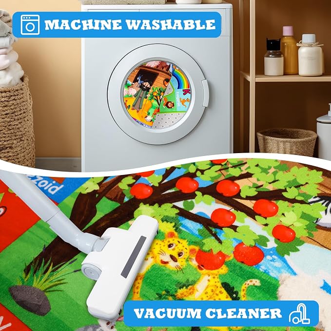 ABC Kids Rug for Playroom 110×78.7 in Noah's Ark Animals Rug Play Mat Alphabet Playmat Shape Color Classroom Carpet Kids Playroom Early Learning Carpet for Preschool Tummy