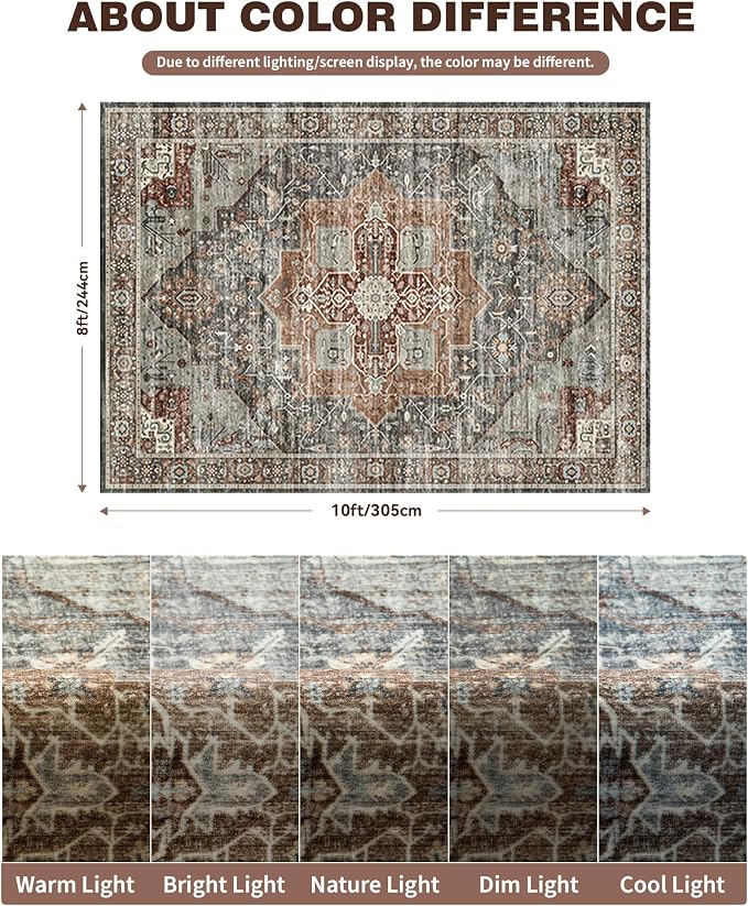 Roxstand 8x10 Area Rugs for Living Room, Vintage Washable Rug with Non-Slip Backing, Stain Resistant Large Area Rug for Dining Room, Soft Rugs for Bedroom (Grey/Brown/Tan, 8'x10')