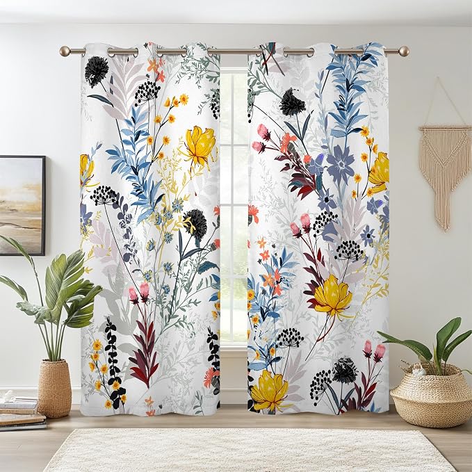 Renaiss Botanical Plants Blackout Curtains, Wild Flowers Plants Print Thermal Insulated Bedroom Window Curtains, Boho Floral Window Curtains for Kitchen, 45" L x 29" W 2 Panel Set