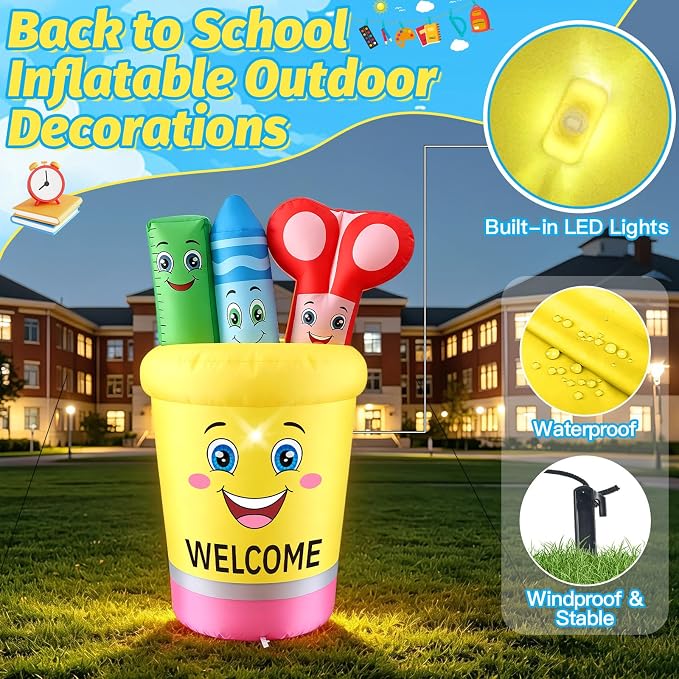 5FT Back to School Inflatable Outdoor Decorations Giant Blow Up Pencil Holder with Crayons & Ruler,Built-in LED Lights for First Day of School Welcome Party Photos Backdrop Classroom Garden Yard Decor