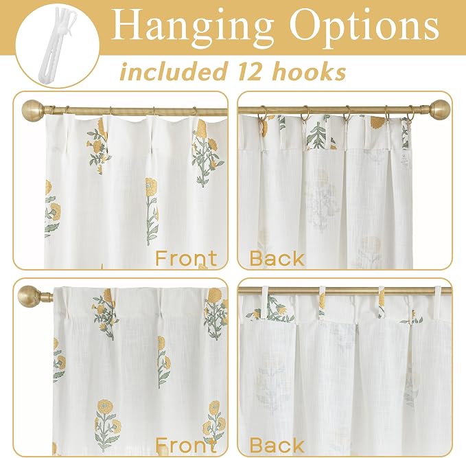 Spring Cute Colorful Floral Curtains for Living Room, 96 Inch Yellow and White Wildflower Design Semi Sheer Linen Pinch Pleated Drapes, Vintage Cottage Country Pattern Window Treatments, 2 Panels