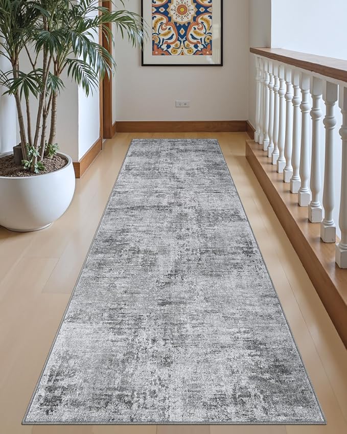 DEXI Hallway Runner Rug Washable 3x8, Modern Abstract Soft Thin Hallways Runner with Non Slip Backing, Low Pile Entryway Floor Rug, Stain Resistant Carpet for Bedroom Living Room, Light Grey