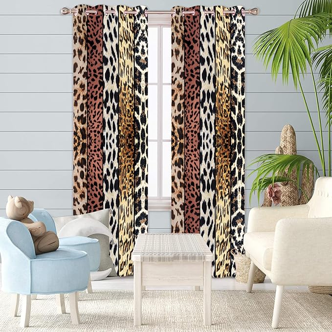 Wild Animal Print Curtain, Room Darkening Thermal Insulated Blackout Leopard Boa Window Drapes with Grommets for Living, Dining, Bedroom, Brown Leopard Print, 42"x 90", 2 Panels