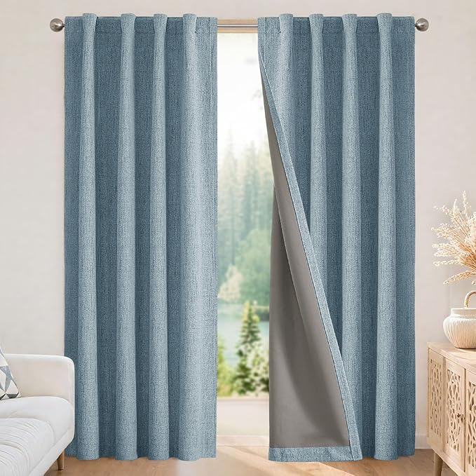 Joydeco Blackout Curtains for Bedroom - 100% Light Blocking 2 Panels Sky Blue Drapes 42" W x 90" L, Thermal Insulated Room Darkening Curtains, Linen Textured for Living Room, Rod Pocket & Back Tabs