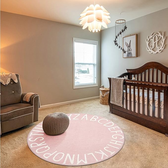 Topotdor Round Kids Play Rug Alphabet Nursery Area Rug Extra Large Soft Crawling Play Mat for Children Toddlers Bedroom (96 inch, Pink)