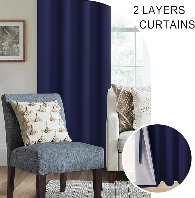 XWZO Full Blackout Curtains 84 Inches Length with Tiebacks- Heat and Light Blocking Rod Pocket & Back Tab Window Drapes with Black Liner Backing for Bedroom/Kid's Room, Navy Blue, W42 x L84, Set of 2