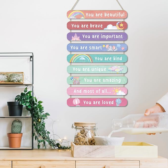 MONALET Pastel Boho Inspirational Wall Decor for Girls Kids Room Nursery Office Playroom Classroom, Positive Affirmations Hanging Wooden Signs, You Are Loved Wall Art Wood Plaque 9Pcs 12x19