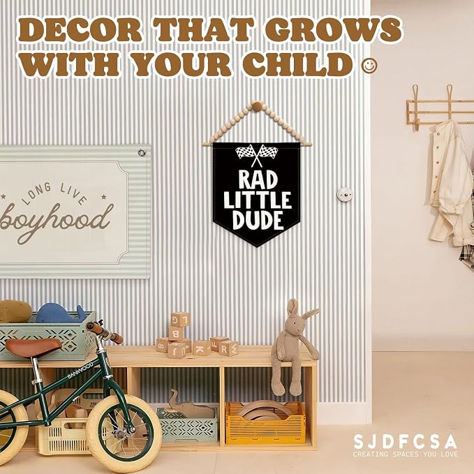 Boys Room Wall Art Decor, Boy Nursery Decor, Rad Little Dude Race Car Boho Wall Hanging Display Pennant Flag for Kids Boys Nursery Toddler Room Bedroom Playroom