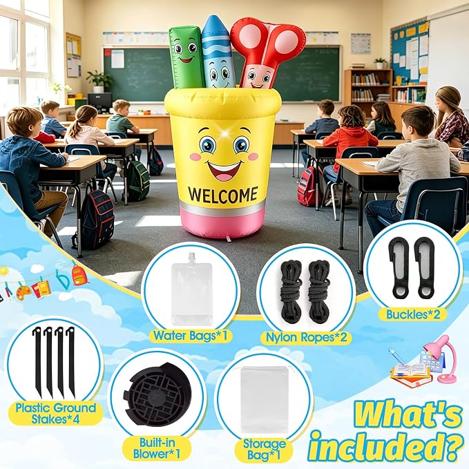 5FT Back to School Inflatable Outdoor Decorations Giant Blow Up Pencil Holder with Crayons & Ruler,Built-in LED Lights for First Day of School Welcome Party Photos Backdrop Classroom Garden Yard Decor