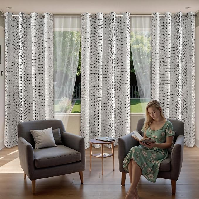 ColorBird 100% Blackout Heat Blocking Boho Curtains for Bedroom 84 Inches Black and White Sun Blocking Thermal Curtains & Panels for Living Room Striped Western Geometric Room Decor