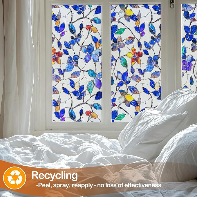 Countewol Colorful Leaf Static Cling Window Film Frosted Stained Glass Privacy Anti-Glare UV Protection for Home & Bathroom(Textured Stained Leaf, 35.4 x 157.4 in)
