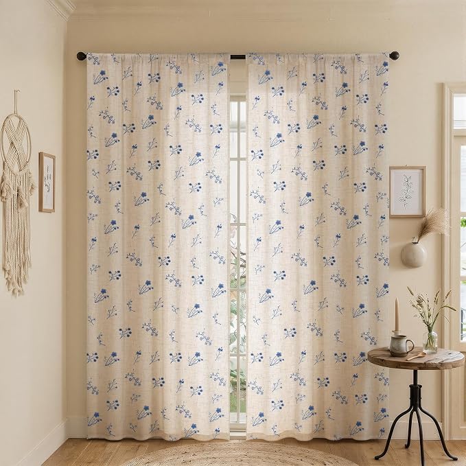 Blue Floral Embroidered Linen Blend Curtains for Bedroom, 84 Inch Light Filtering Spring Farmhouse Vintage Drapes for Living Room Rod Pocket, Set of 2 Panels