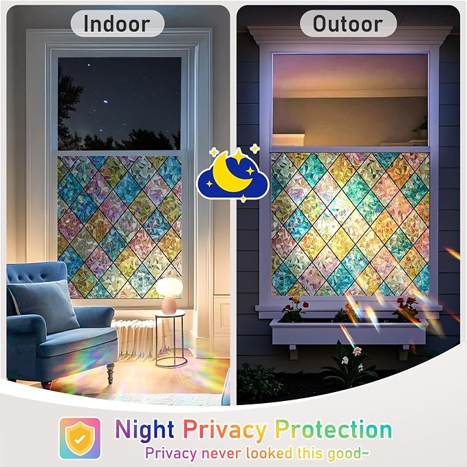Sunbaby Window Privacy Film Stained Glass Decorative Rainbow Window Cling 3D Static Clings Colorful for Home Decoration, Anti-UV & Heat Control Non-Adhesive (17.5"x78.7")