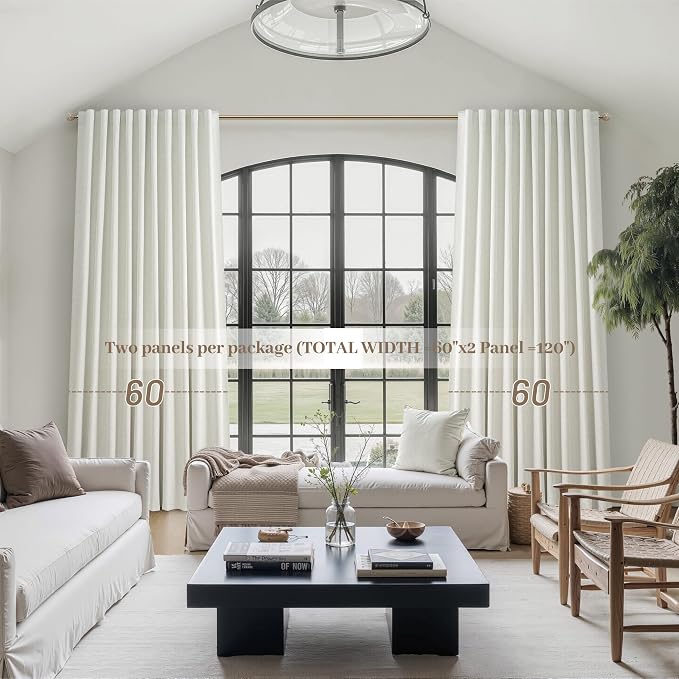 Cute Blackout Curtains 60 Inches Extra Wide Linen 90 Inch Length for Living Room/Sliding Glass Door,Pleated Heavy Duty Thermal Drapes for Winter Thick Large Window(60"Wx90"L 2 Panels Beige White)
