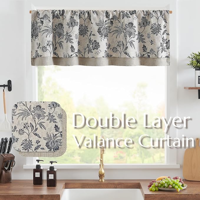 jinchan Linen Valance Curtain Window Treatment for Kitchen Bedroom Living Room RV Light Filtering 16 Inch Double Layer Farmhouse Vintage Cottagecore Valance Rod Pocket 1 Panel Black on Beige