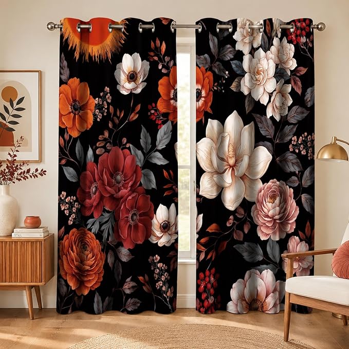 iTapnoom Boho Floral Blackout Curtains for Bedroom, Vintage Botanical Flower Drapes Mid Century Window Curtains Darkening Thermal Insulated Grommet for Living Room Bedroom Decor 2 Panels 52x84 Inches