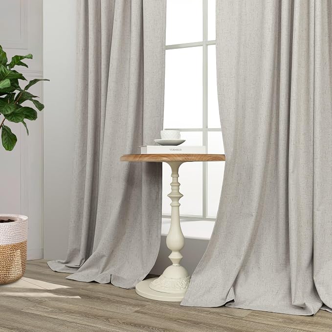 Black Out Linen Curtains 108 Inches Long for Living Room 2 Panels Set Total Blackout Flax Pleated Drapes Back Tab Neutral Boho Ceiling Floor 108 Inch Window Curtains Bedroom Cottage Core Stone Taupe