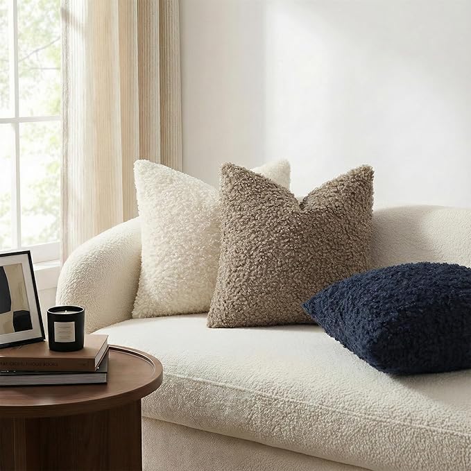 decorUhome Pack of 2 Throw Pillow Covers 26x26 Inch, Faux Fur Decorative Sherpa Pillow Covers Fuzzy Accent Soft Sheepskin Fleece Pillow Cases for Couch Living Room Bed, Neutral Cream