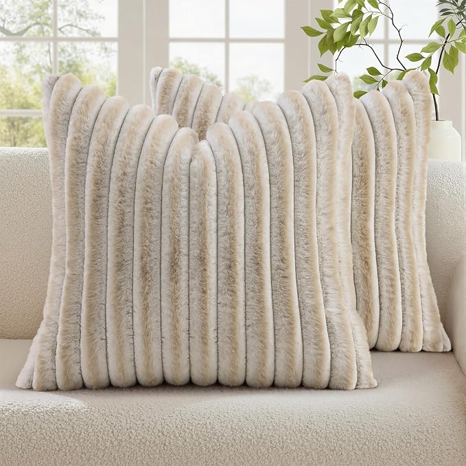 decorUhome Fall Cozy Faux Fur Throw Pillow Covers 20x20 Set of 2 Decorative Soft Plush Striped Modern Farmhouse Boho Couch Pillow Cases with Velvet Back for Sofa Bed Living Room, Beige White