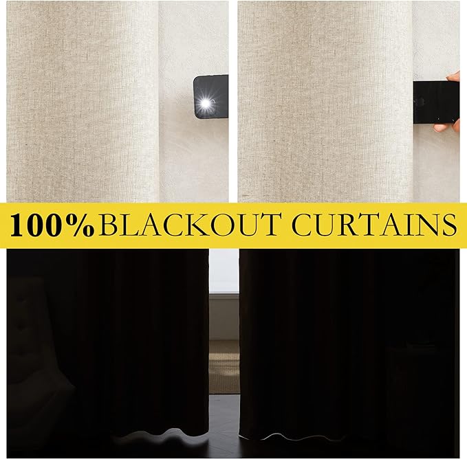 NICETOWN 100% Absolutely Blackout Linen Curtains with Thermal Insulated White Liner, Beige, 52" Wide by 45" Long, 2 Pieces, Anti-Rust Grommet Natural Burlap Fabric Window Drapes for Bedroom/Kids Room