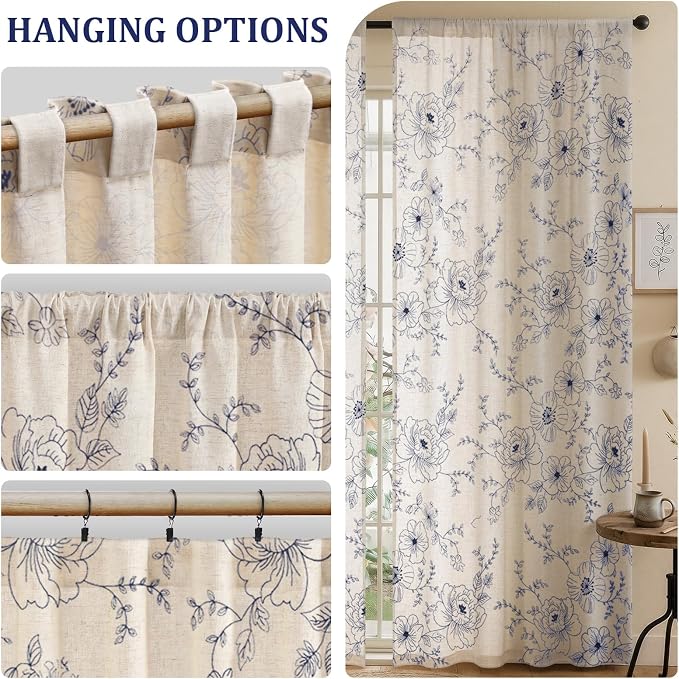 Boho Floral Curtains, Vintage Farmhouse Curtains 84 Inches Long, Dark Blue Cottage Core Flower 2 Panels