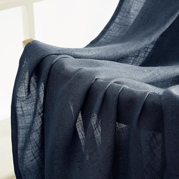 MIULEE Navy Blue Short Linen Curtains 45 Inch Length 2 Panels for Bedroom Bathroom, Soft Thick Linen Textured Natural Kitchen Window Drapes Semi Sheer Light Filtering Back Tab Burlap Look Decor