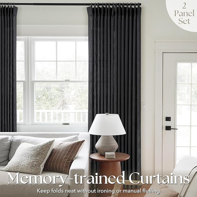 Pinch Pleated Linen Black Curtains 102 inch Length for Living Room 2 Panel Set Light Fitering Semi Sheer Black Window Curtain Pinch Pleate with Hooks Rustic Farmhouse Bedroom Long Drapes 102