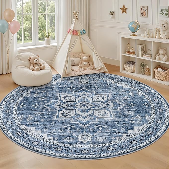 Round Area Rug for Living Room: 6ft Washable Vintage Boho Soft Thin Circle Rug Indoor Floor No Slip Stain Resistant Carpet for Bedroom Dining Room Farmhouse Nursery Home Office - Blue