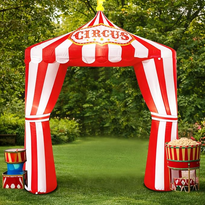 10ft Carnival Circus Tent Party Decorations, Red and White Striped Inflatable Arch with Build in LED Lights, Blow Up Tent for Circus Carnival Halloween Themed Birthday Party Decorations