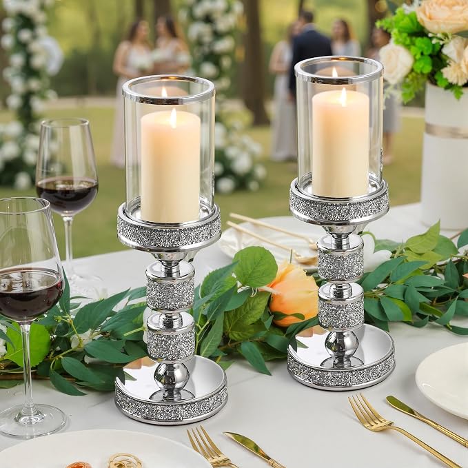 Hurricane Candle Holder, 13.5" Tall Metal Candle Stand, Glass Pillar Candle Holders, Crystal Silver Decorative Centerpieces for Table, Wedding and Dining Room (Fits Candles up to 3"x5", 2pcs, M)