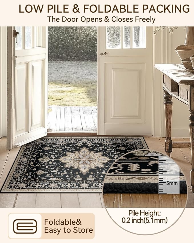 RELEANY Area Rugs Runner 2'x10' Washable Non-Slip, Floral Vintage Distress Medallion Carpet for Kitchen Hallway Bedroom Beside Laundry Room Bathroom, Black Brown Neutral Dark Tan