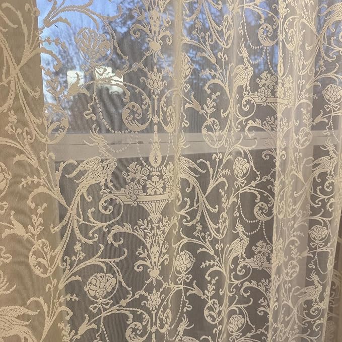 TUDECO Lace Beige Curtains for Bedroom, 80 Inch Length 2 Panels, Cozy Farmhouse Style, Sheer Floral Ruffle Design, Rod Pocket Top, Boho Home Decor, 59W x 80L, Light Beige