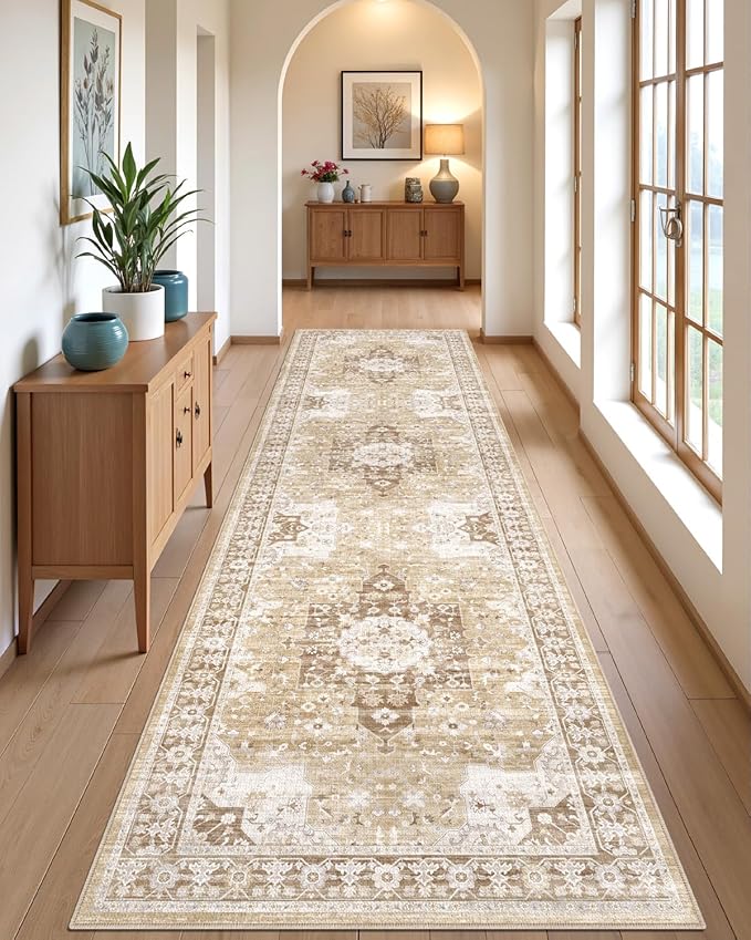 DEXI Hallway Washable Runner Rug 3x12, Vintage Soft Thin Kitchen Runner with Non Slip Backing, Farmhouse Entryway Floor Rug, Stain Resistant Distressed Carpet for Bedroom Living Room, Beige