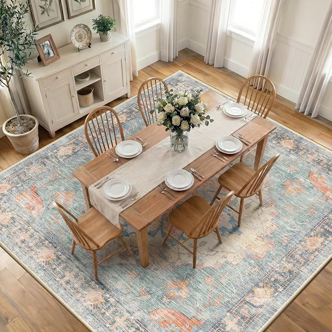 RELEANY Area Rugs Square 10ft Washable Non-Slip, Floral Vintage Distress Medallion Carpet for Living Room Bedroom Dining Room, Blue Orange Red