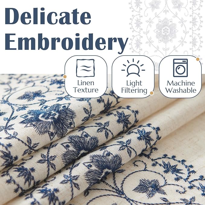 jinchan Weslie Boho Curtains for Bedroom Blue Vintage Floral Farmhouse Curtains 72 Inches Long Linen Drapes for Living Room Embroidered Drapes Light Filtering Rod Pocket Blue on Beige 2 Panels