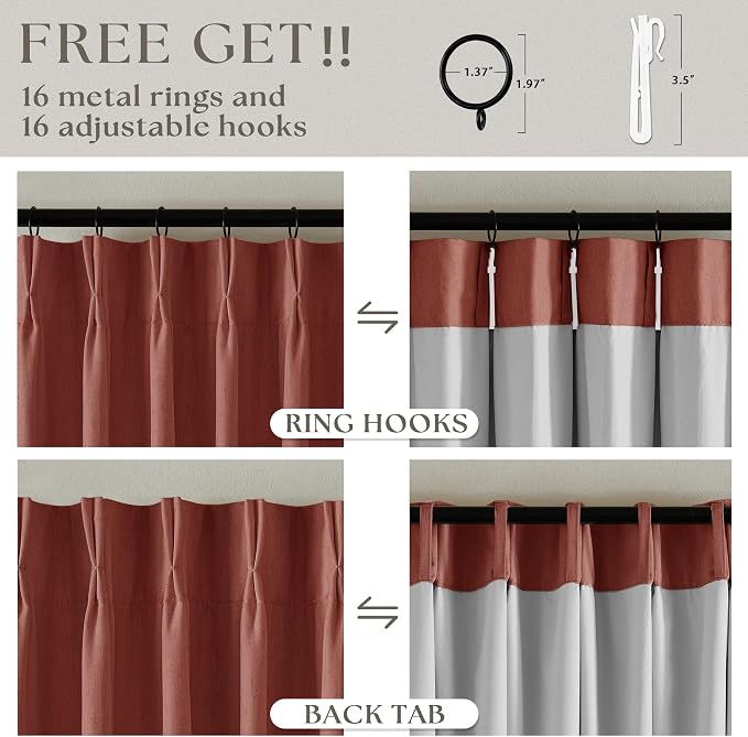 Terracotta Pinch Pleated Full Blackout Curtains Linen Blend Room Darkening Window Curtains 80 Inch for Living Room Bedroom Thermal Insulated Back Tab Pinch Pleat Drapes with Hooks Rings 2 Panels