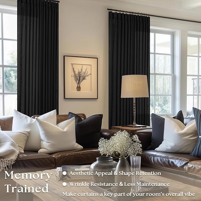 TWODRAPES Pinch Pleated Black Linen Curtains 96 Inches Long for Living Room Bedroom Light Filtering Boho Window Drape 96 Inch 2 Panels with Hooks Rings 8ft Black Sliding Glass Door Semi Sheer Curtain