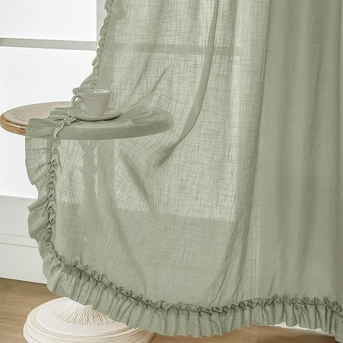 Light Sage Green Linen Curtains 63 Inch Length 2 Panels, Each W58 x L63 Inch, Boho Spring Farmhouse Scalloped Flowy Curtains for Bedroom, Rod Pocket Privacy Semi-Sheer Cottage Ruffle Curtain Drapes