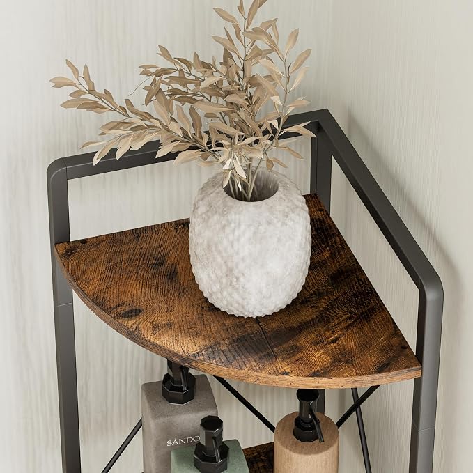 5 Tier Corner Shelf Stand, 64" H Tall Industrial Corner Bookshelf for Living Room Decor, Metal Corner Shelf, Plant Stand Display Shelf for Bedroom, Bathroom, Small Space, Rustic Brown