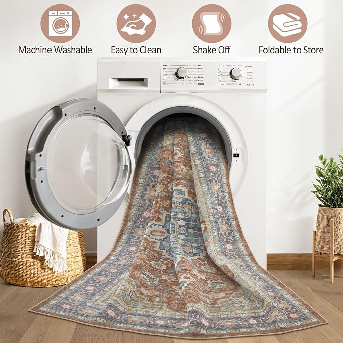 9x12 Area Rug Living Room: Washable Boho Large Neutral Vintage Soft Rug Stain Resistant Farmhouse Non-Slip Indoor Floor Carpet for Bedroom Nursery Kids Playroom Office Dining Room- Red Multi