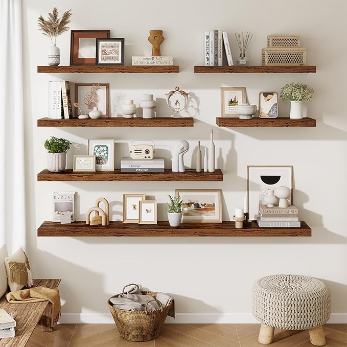 Fun Memories Floating Shelves for Wall, 30 Inch Long Floating Shelves Set of 2, 30 x 10 Wooden Shelves for Wall, Large Storage Shelves, Hanging Shelves for Bathroom Kitchen Bedroom, Rustic Brown